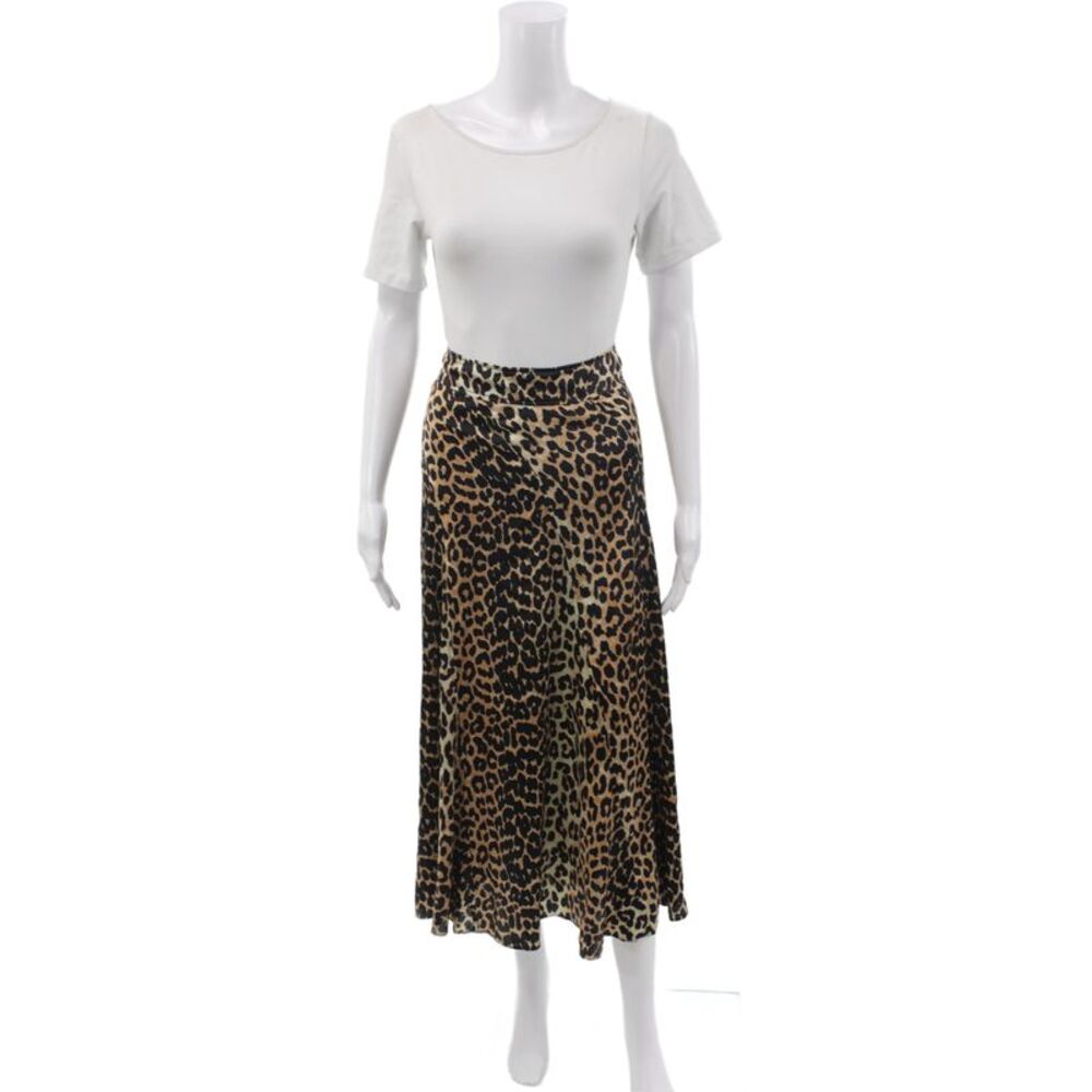 Ganni Womens Animal Print Wrap Skirt Beige Silk Blend Midi Size 40